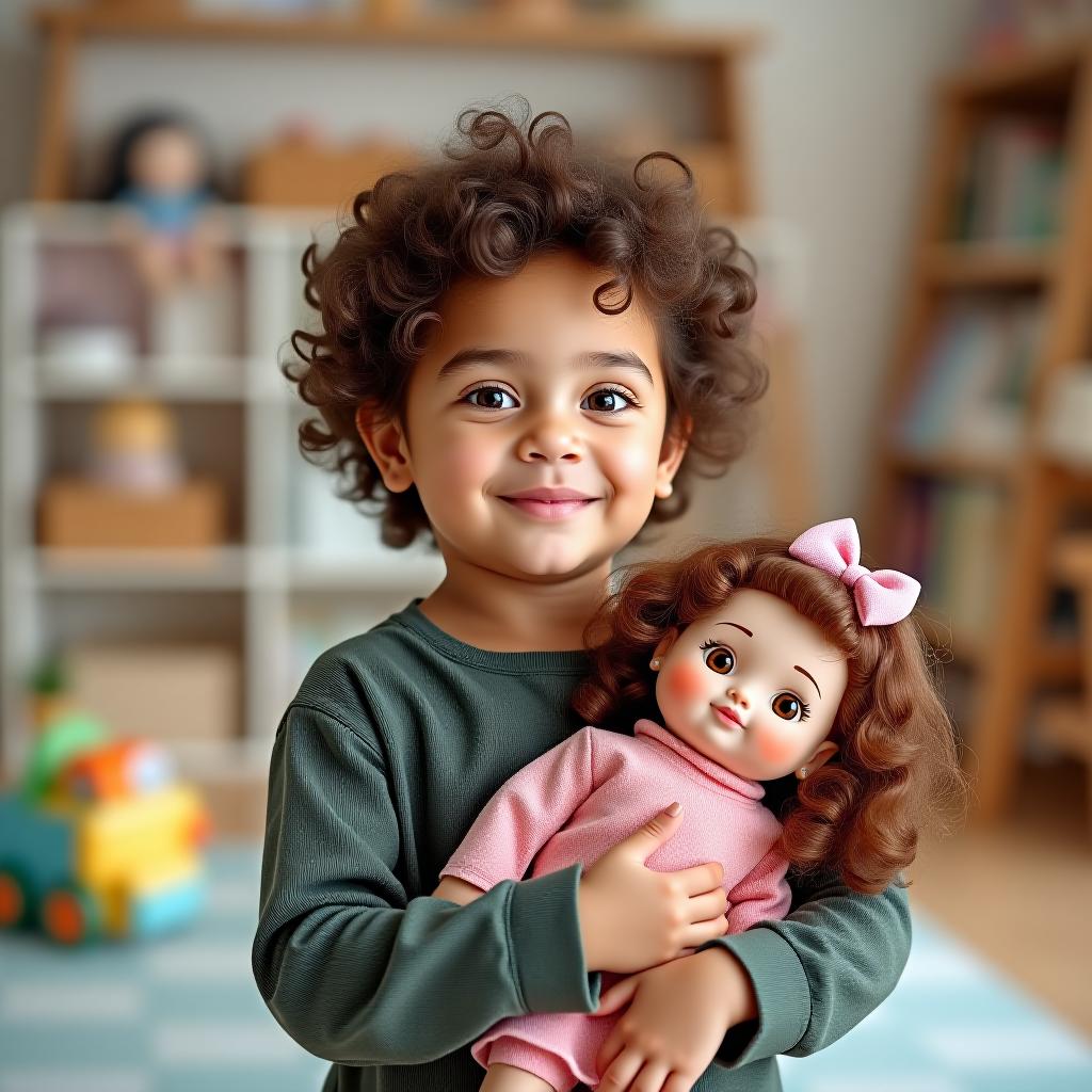  a old with brown eyes and curly hair is holding a doll, while in the background, there is a beautiful, clean, and organized ren's room where all the toys, books, and educational materials are in their places.