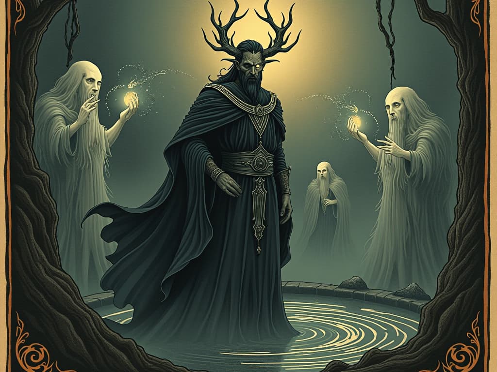  odin, cloaked in dark robes, standing beside the well, spectral figures of ancient beings around him, tendrils of light connecting them to odin, his remaining eye glowing with wisdom, visionary, solemn, connected. an illustration in the style of a worn, mystical old tarot trump card, mysterious and elements of surrealism. the colors are muted, somber and eerie, but with contrast bring out an occult and esoteric vibe.