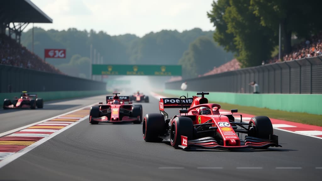  create a picture of a widescreen (16:9) symbolic scene representing the following: lando norris was surprised to secure pole position at the italian grand prix, despite feeling that his qualifying lap was below par. he made a mistake in the first corner but managed to recover in subsequent turns to secure the top spot. norris credited his team's setup for his success. oscar piastri also struggled with his qualifying lap but acknowledged the team's improvement in car setup. both drivers faced cha