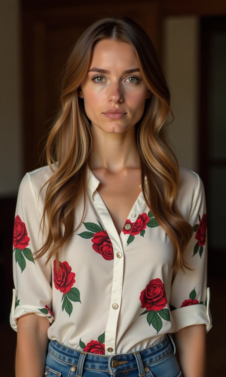  a young woman standing confidently, with long wavy brown blonde hair, wearing a white floral blouse with red and green roses. the blouse has rolled up sleeves, and the woman has a serious, focused expression. the background is slightly blurred, showing an indoor wooden setting.