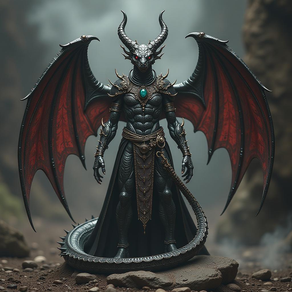  macabre style naga with yatagans in expensive jewelry with stones stands with a battle stand surrounded by magical smoke . dark, gothic, grim, haunting, highly detailed