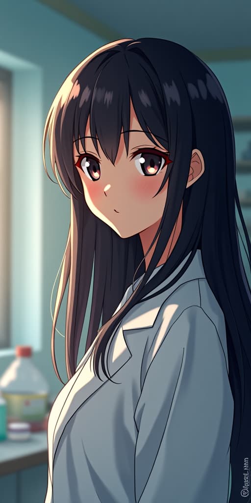  good quality, high quality, a medium close up manga style shot of the female scientist standing in the lab. she is positioned slightly in the background, with her long, flowing dark hair cascading over her shoulders. her face is framed delicately, her expression gentle and thoughtful as she gazes towards the male protagonist from afar. a subtle, almost shy smile graces her lips, as if she is quietly admiring him without wanting to be noticed. her lab coat hangs loosely over her shoulders, and soft light from the nearby windows highlights the contours of her face and hair, giving her a warm, glowing appearance. the background shows the lab's shelves and equipment, but they are softly blurred to focus attention on her emotions and the unspoke