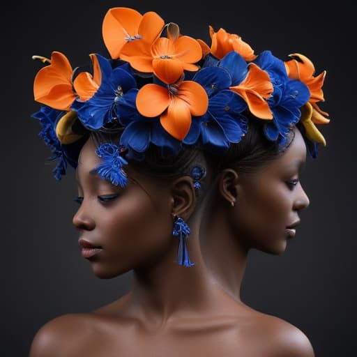 ' . This image features the profile of a stylized figure which appears to be a combination of a human-like form and artistic elements. The figure is presented against a solid black background which accentuates the details and colors of the subject. Here are some key features of the image: 1. Headpiece: The figure is adorned with an elaborate headpiece which includes three-dimensional orange flowers, possibly orchids, and swirling blue decorations that mimic the look of vines or ribbons. These intricate decorative elements create a sense of flow and movement. 2. Hair: The figure's hair is an intense blue color, following the same palette as the decorative swirls in the headpiece. It is sculpted or styled in a way that seamlessly blends wit