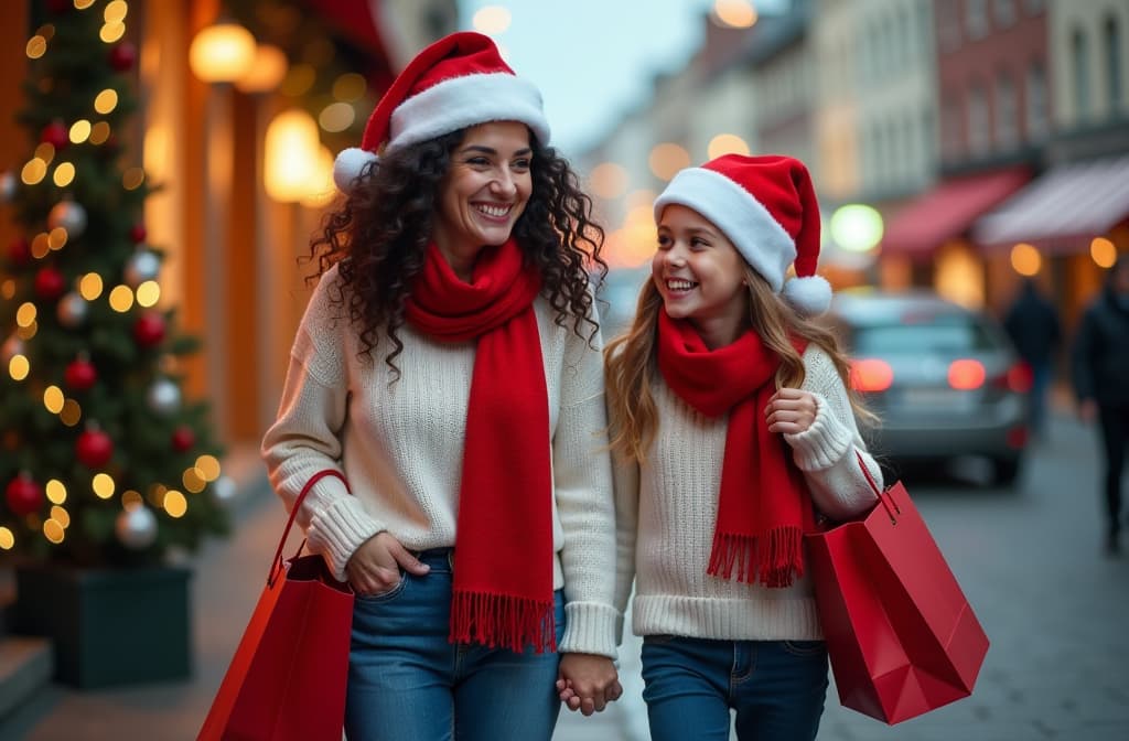  professional detailed photography, smiling curly mother in santa claus hat and smiling curly daughter in santa's hat with red shopping bags, white sweater and blue jeans, red scarf, going on evening christmas street , (muted colors, dim colors, soothing tones), (vsco:0.3)