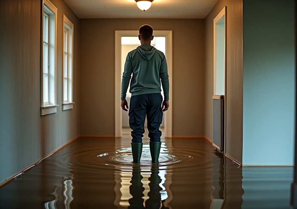  a man in rubber boots stands in a flooded house.