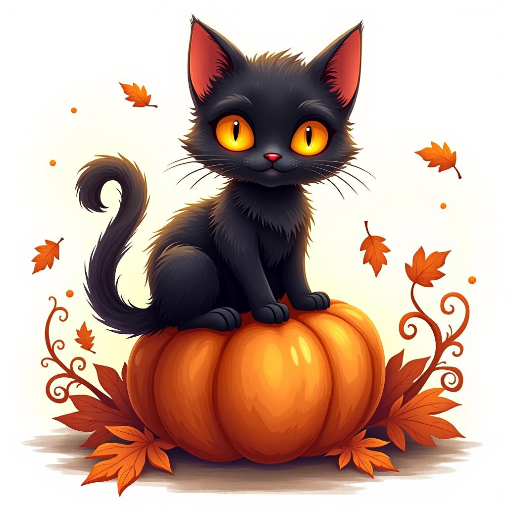  a cute black cat with glowing eyes sitting on a pumpkin, surrounded by swirling autumn leaves in a whimsical style, with warm, moody lighting. t shirt design, vector, contour, white background, no mockup hyperrealistic, full body, detailed clothing, highly detailed, cinematic lighting, stunningly beautiful, intricate, sharp focus, f/1. 8, 85mm, (centered image composition), (professionally color graded), ((bright soft diffused light)), volumetric fog, trending on instagram, trending on tumblr, HDR 4K, 8K