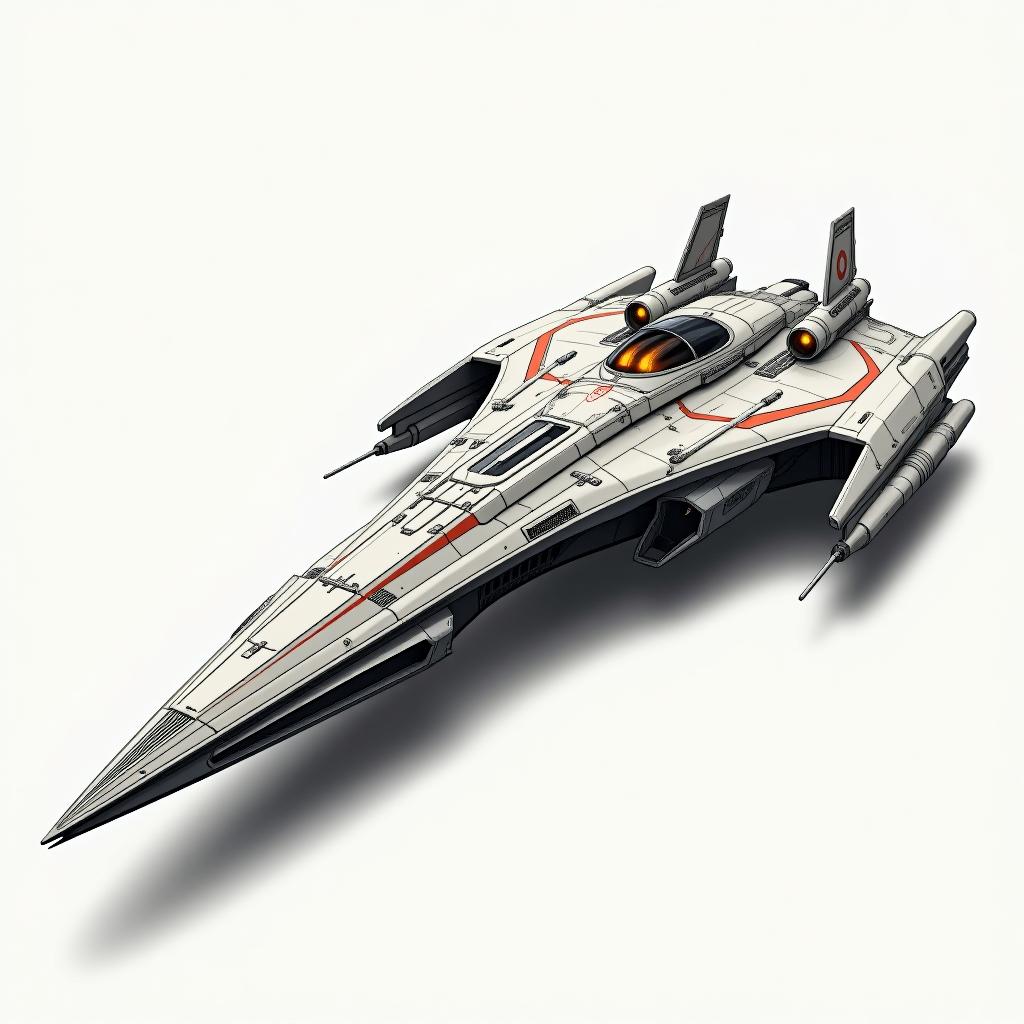  white background. the spaceship is oriented horizontally, with the camera positioned directly perpendicular to its long axis, capturing a full profile of the ship. this perspective emphasizes the shape, details, and design elements of the spaceship, providing a clear and unobstructed look at its form and structure. the focus is on showcasing the intricate features of the ship's exterior, including its pointed front, glowing elements, and detailed hull: a simple vector graphic showing a hyper realistic battle spaceship designed with elements inspired by a mysterious alien planet. the spaceship features glowing areas, floating fragments, and a sleek, dangerous design, with sharp angles and menacing details. the overall look should be dynamic