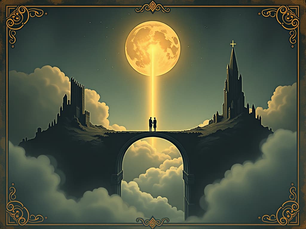  bridge made of light, connecting floating islands amidst clouds, mystical and ethereal. an illustration in the style of a worn, mystical old tarot trump card, mysterious and elements of surrealism. the colors are muted, somber and eerie, but with contrast bring out an occult and esoteric vibe.