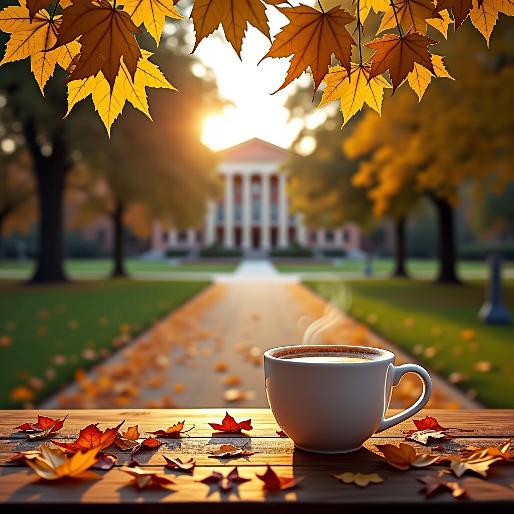  a picture on the theme of september 1st, with leaves starting to turn slightly yellow, a path leading to an educational institution, and a cup of coffee.