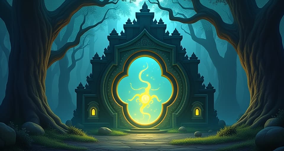  mystical portal in an enchanted forest, emitting a soft, otherworldly glow. surrounding the portal, ancient trees with glowing runes. enigmatic, enchanting, mysterious.. the style is digital art illustration,highly detailed, whimsical,magical, dreamlike atmosphere, realism and fantasy blend, smooth, glossy textures,luminous quality, wonder and enchantment.