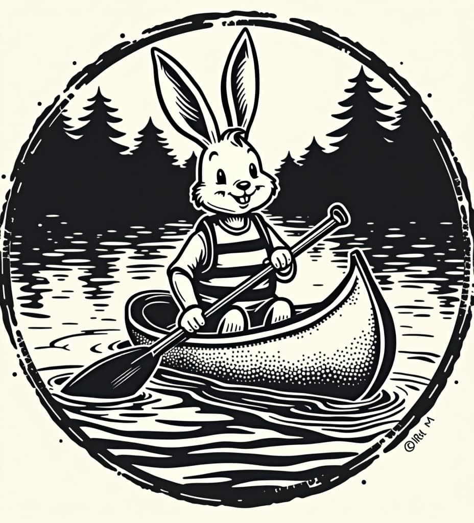  rubber stamp style logo with paul bunyon riding in a canoe. he dropped his paddle and its floating in the water