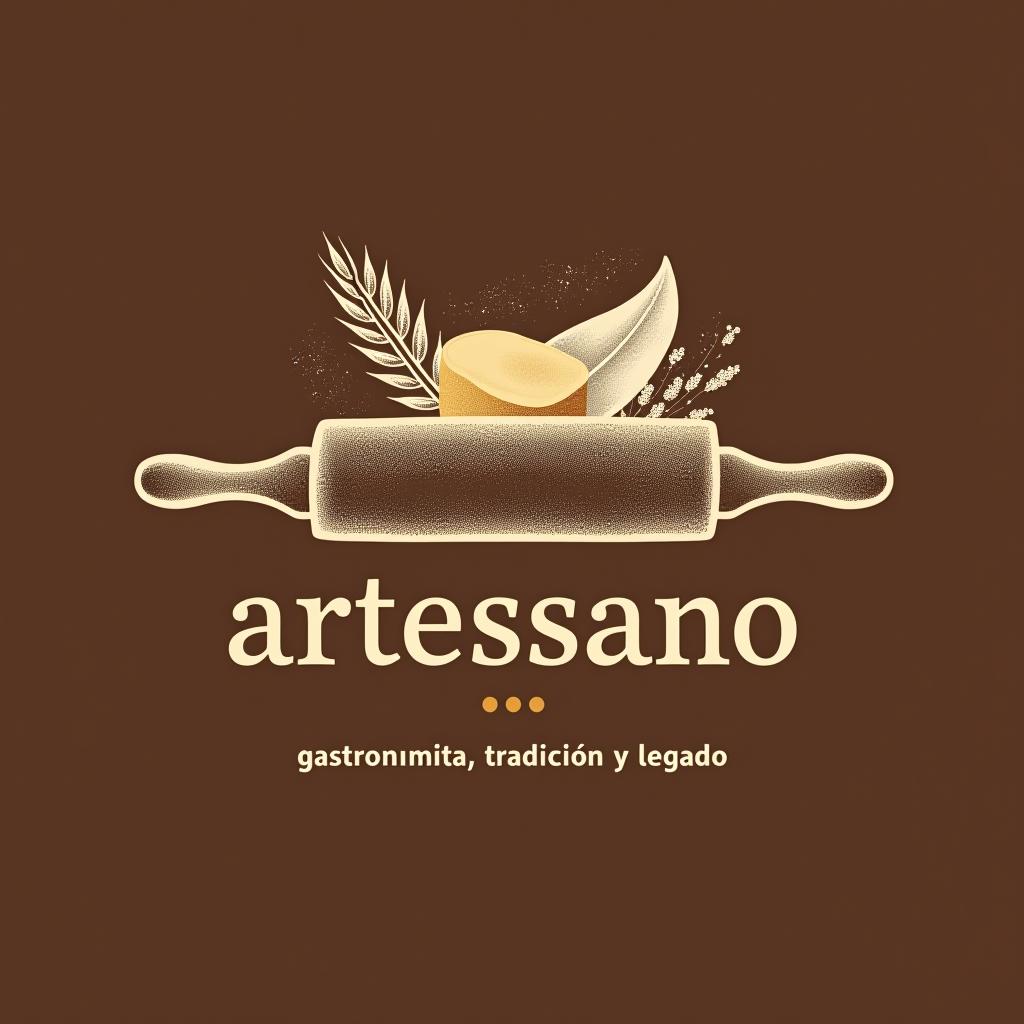  design a logo, in a pencil style. marca “artessano” agregar elemento de repostería como rolling pin, stick of butter, ear of wheat, flour light colors and shades of brown minimalista, simple y elegante, with the text 'gastronomía, tradición y legado '.