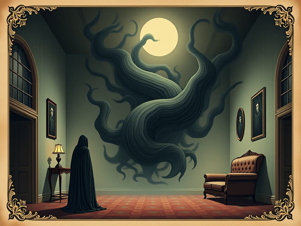  a chaotic burst of dark energy disrupting a peaceful room, malevolent forces depicted as shadows twisting through space, oppressive and unsettling air. an illustration in the style of a worn, mystical old tarot trump card, mysterious and elements of surrealism. the colors are muted, somber and eerie, but with contrast bring out an occult and esoteric vibe.