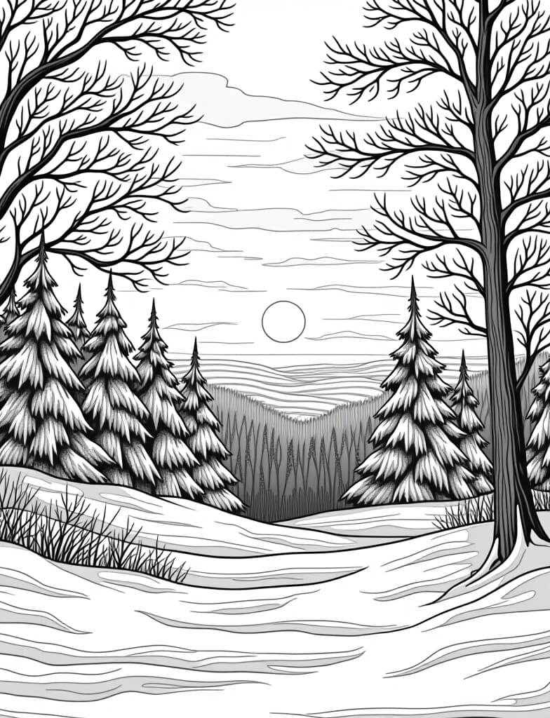  this is for an adult coloring page. a detailed black and white line art of a snowy winter sunset over a snow covered forest on a solid white background.