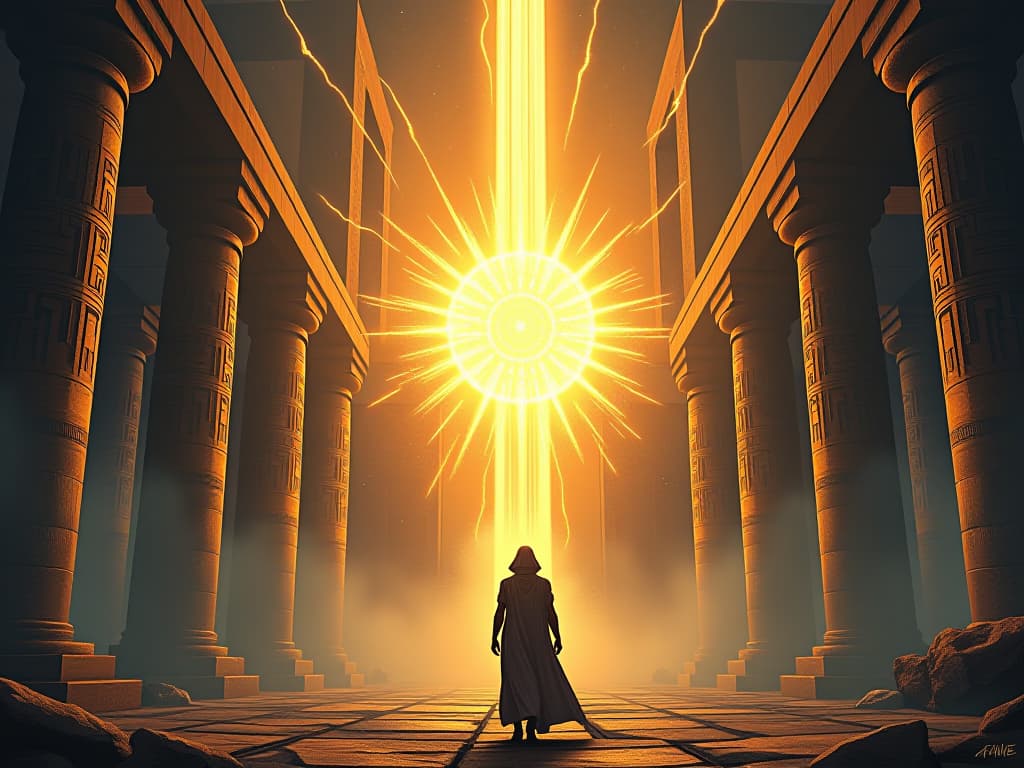  a powerful magnetic nexus, set in an ancient egyptian temple, with energy arcs pulling a solitary figure towards it, depicting an irresistible urge for solitude, mystical and compelling atmosphere. the style is digital art illustration / modern comic book / mysterious occult, symbolic, esoteric vibe,high detail on character design, incorporating ancient egyptian symbology and attire.