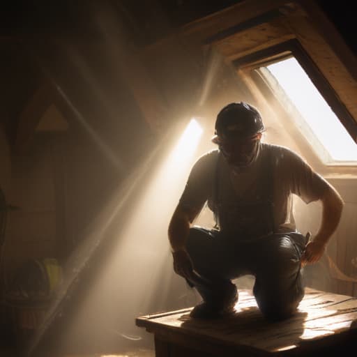 A photo of a professional vent cleaner performing maintenance services in a dimly lit attic during early evening with dramatic streaks of sunlight piercing through dust particles, casting a warm and ethereal glow on the worker's face and tools.