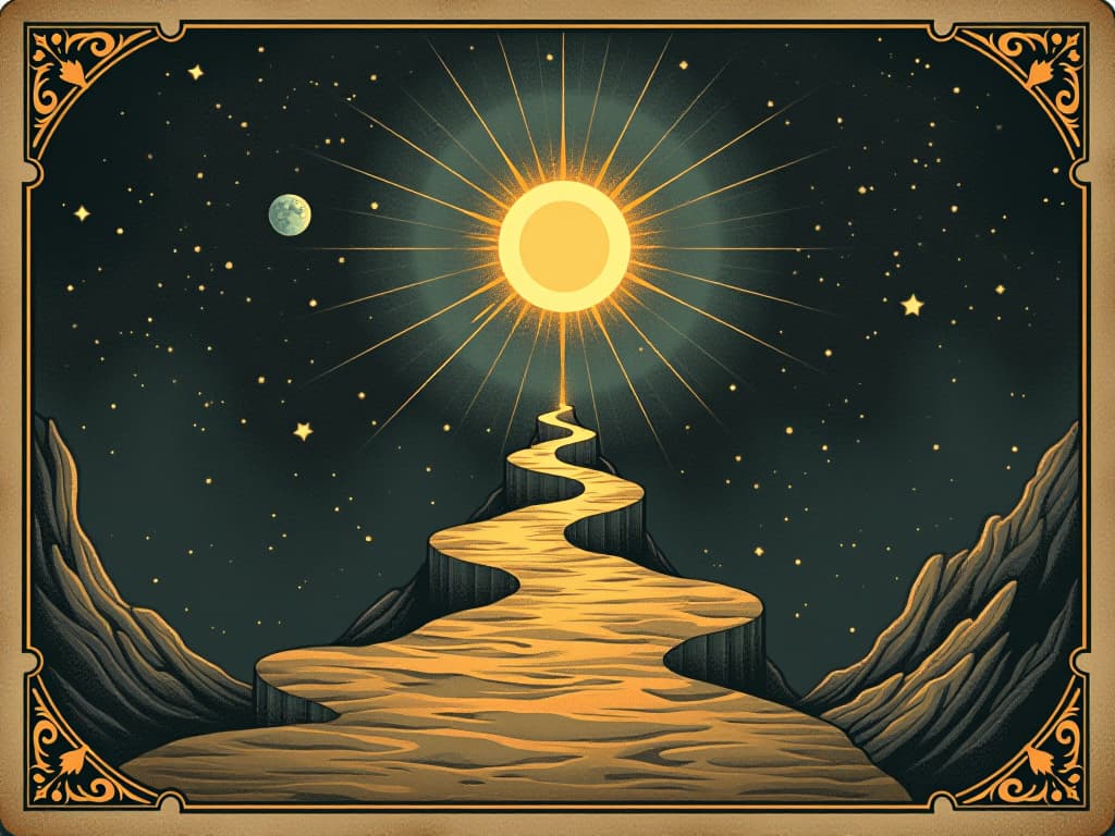  a radiant path unfolding through a dark, starry cosmos, leading to a distant, glowing realm, sense of destiny, preparation for greatness. an illustration in the style of a worn, mystical old tarot trump card, mysterious and elements of surrealism. the colors are muted, somber and eerie, but with contrast bring out an occult and esoteric vibe.