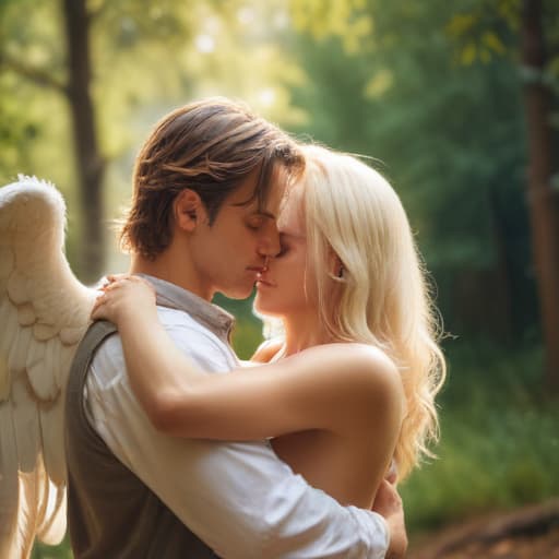 A beautiful winged male angel holding a blonde woman crying in his arms in Macro Photography style with Forests background