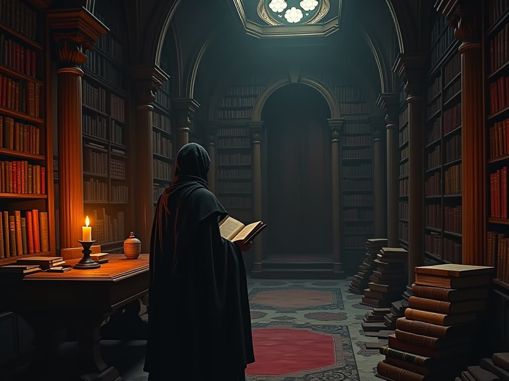  an ancient library filled with dusty tomes, a single candle burning, sense of knowledge, introspection.. the style is dark fantasy and mysterious occult, symbolic, moody lighting, esoteric vibe,high detail on character design. for the color scheme emphasize blacks and reds.