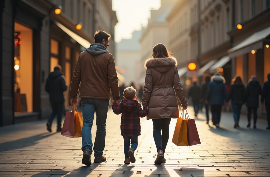  professional detailed photography, hyperrealism happy family wife husband and their son walking with colored bags from christmas sale through european city bright light photo , (muted colors, dim colors, soothing tones), (vsco:0.3)