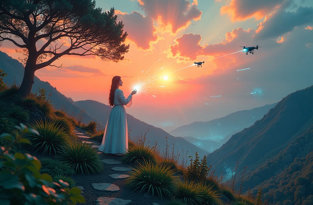  "create a surreal landscape blending elements of nature and technology, where vibrant colors of a sunset reflect off flowing digital streams. in the foreground, a serene figure paints with light, their brush creating intricate patterns that merge organic forms with circuitry. the sky is filled with futuristic drones resembling birds, while lush greenery intertwines with glowing data vines, symbolizing the harmony between art and artificial intelligence." hyperrealistic, full body, detailed clothing, highly detailed, cinematic lighting, stunningly beautiful, intricate, sharp focus, f/1. 8, 85mm, (centered image composition), (professionally color graded), ((bright soft diffused light)), volumetric fog, trending on instagram, trending on tumblr, HDR 4K, 8K