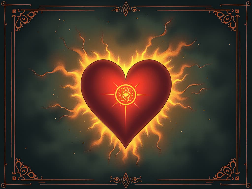  a tranquil heart surrounded by a glowing aura, soft luminescence, peaceful and serene, symbol of inner peace. an illustration in the style of a worn, mystical old tarot trump card, mysterious and elements of surrealism. the colors are muted, somber and eerie, but with contrast bring out an occult and esoteric vibe.