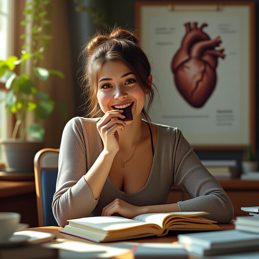  create a high quality, photorealistic image that vividly depicts the following scene: "an energetic shot of a health aware woman enjoying a bite of bittersweet chocolate amidst her rigorous study routine. her radiant complexion in the gentle and natural daylight from an adjacent window is a testament to the beneficial effects of antioxidants. her enthusiastic, bright eyes beautifully depict the cognitive advantages at play. a clutter of open scholarly materials in the surrounding area speaks to her deep learning session. a medically accurate sketch of the human heart on a wipe board serves as an oddly fitting background, hinting at the cardiovascular benefits. shot on canon eos 5d mark iv, f/2.0, iso 200, 1/60s, 30.4mp, raw, untouched, hyperrealistic, full body, detailed clothing, highly detailed, cinematic lighting, stunningly beautiful, intricate, sharp focus, f/1. 8, 85mm, (centered image composition), (professionally color graded), ((bright soft diffused light)), volumetric fog, trending on instagram, trending on tumblr, HDR 4K, 8K