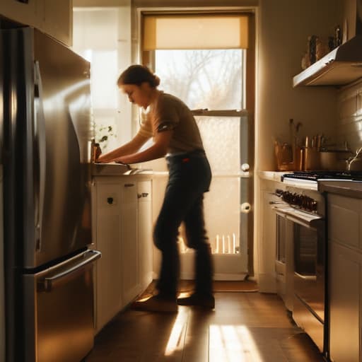 A photo of a skilled appliance technician repairing a vintage refrigerator in a cozy kitchen during the late afternoon with warm, golden sunlight streaming through the window, casting long shadows and creating a captivating interplay of light and dark on the stainless steel appliances and tools scattered across the countertop.