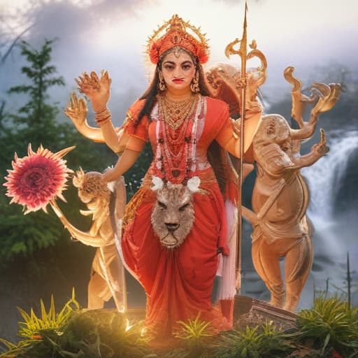 Devi Mata Rani hyperrealistic, full body, detailed clothing, highly detailed, cinematic lighting, stunningly beautiful, intricate, sharp focus, f/1. 8, 85mm, (centered image composition), (professionally color graded), ((bright soft diffused light)), volumetric fog, trending on instagram, trending on tumblr, HDR 4K, 8K