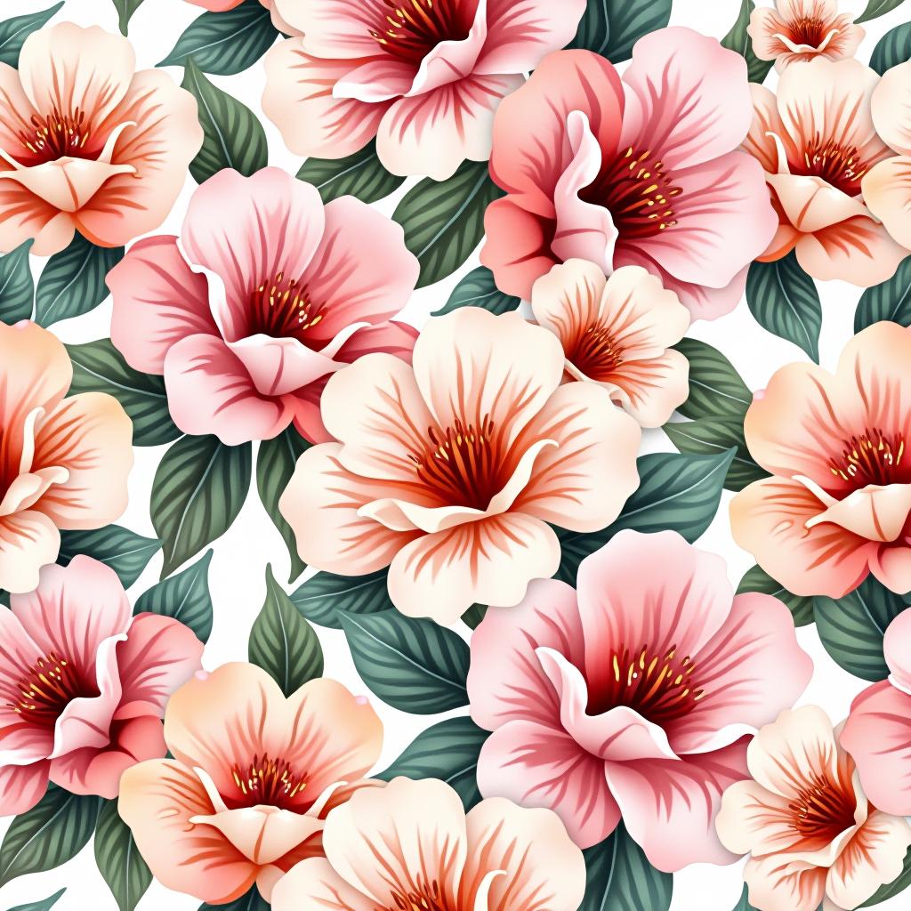  create a seamless digital design featuring a pattern of large, beautiful flowers with soft, watercolor like effects. the flowers should cover the entire surface, creating a bold, elegant, and continuous look. the overall style should be light and airy, with delicate leaves and petals to enhance the natural, floral theme. the design should be seamless to ensure it can be used in repeating patterns or wraps.