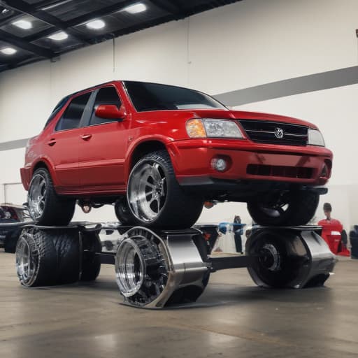 Honda accord mixed with Chevy Silverado at a car show on a lift kit in Comic Art style