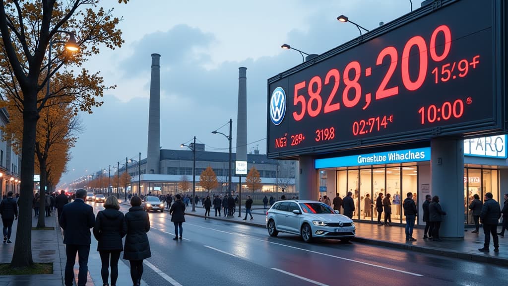  prompt: create an ultra realistic, highly detailed image of a bustling city street in wolfsburg, germany, showcasing a vibrant display of heating oil prices. the scene should feature a prominent digital billboard displaying fluctuating oil prices in real time. include recognizable landmarks like the volkswagen factory in the background, subtly incorporating the company logo into the architecture. show a diverse group of people, including families, professionals, and seniors, engaging with the p