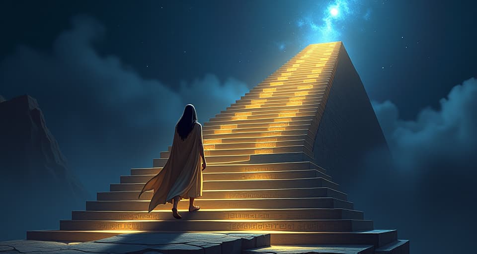  an ethereal stairway made of glowing hieroglyphs, ascending into the night sky, with an enlightened sage in exquisite, flowing attire stepping confidently towards it.. the style is digital art illustration / modern comic book / mysterious occult, symbolic, esoteric vibe,high detail on character design, incorporating ancient egyptian symbology and attire.