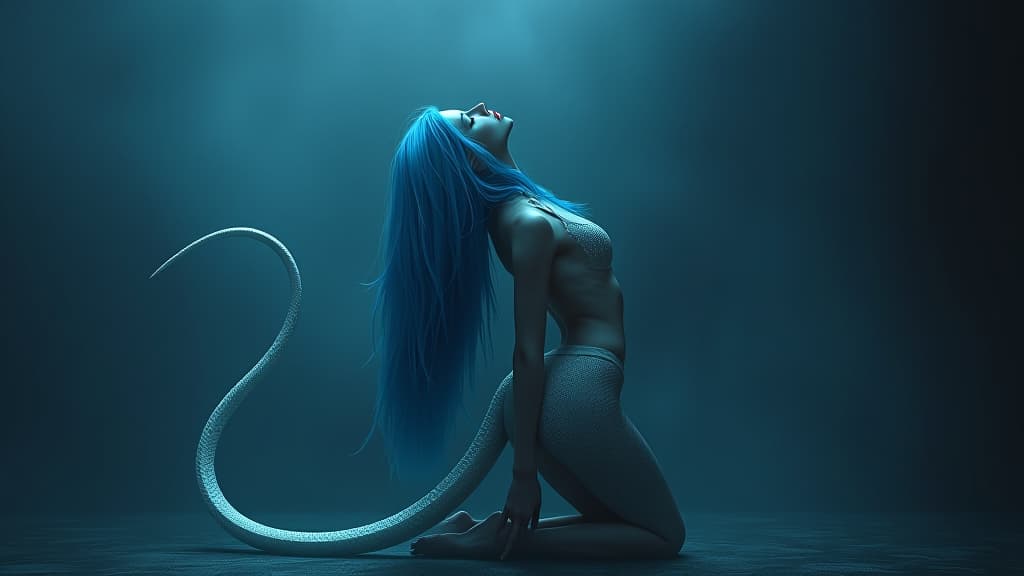  horror themed dark fantasy style luis rostyle fantasy super , blue haired, with a large and long silver white snake tail took an arousing pose ( style, dog style) arched her back and raised her . a 's snake tail grows from the coccyx, a continuation of the spine . eerie, unsettling, dark, spooky, suspenseful, grim, highly detailed hyperrealistic, full body, detailed clothing, highly detailed, cinematic lighting, stunningly beautiful, intricate, sharp focus, f/1. 8, 85mm, (centered image composition), (professionally color graded), ((bright soft diffused light)), volumetric fog, trending on instagram, trending on tumblr, HDR 4K, 8K