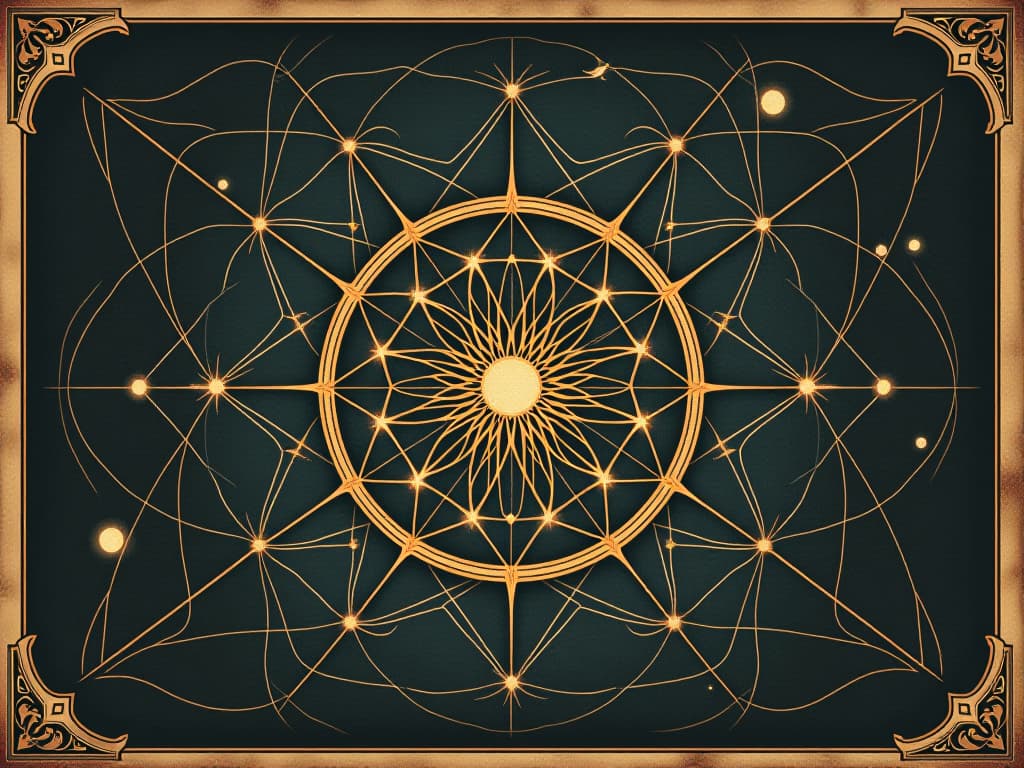  a web of timelines, interwoven, glowing threads, a central point radiating outward, cosmic and intricate design. an illustration in the style of a worn, mystical old tarot trump card, mysterious and elements of surrealism. the colors are muted, somber and eerie, but with contrast bring out an occult and esoteric vibe.