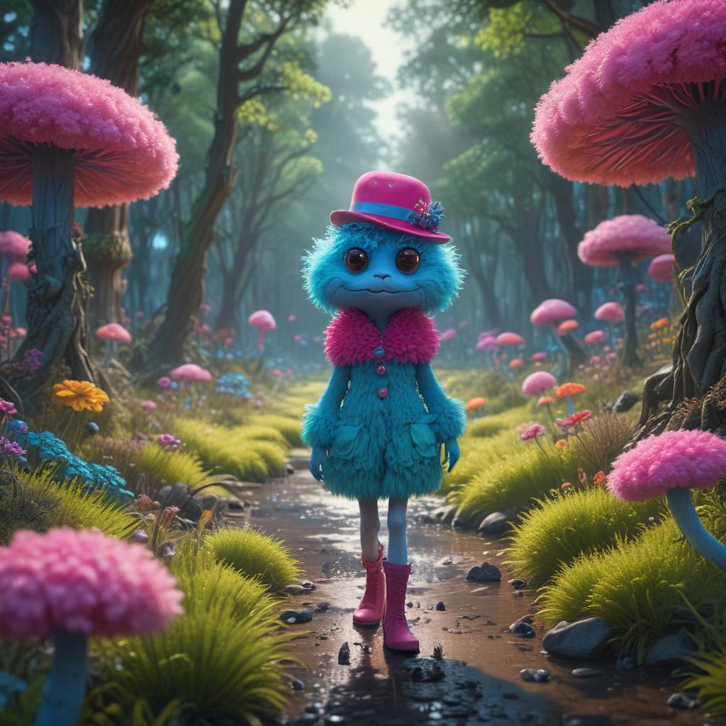 A vibrant neon glowing surrealistic fantasy fairytale forest, based on the styles of Tim Burton, Dr. Seuss, and Salvador Dali, with a night vast landscape, 3D award winning concept art, rendered in Octane with RenderMan, in 8K Ultra HD, ultra photorealistic, captured with a wide angle lens (24 mm), using Hasselblad H6D, color graded, featuring depth of field, with thick wavy low poly muted rainbow colored grass, an electric neon blue river, big twisted trees with puffy cotton candy kawaii cloud like tops (having eyes and fractal shapes), giant exotic flowers in hot pink, turquoise, purple, lime green, and lemon yellow hues, tiny colorful rainbow colored toadstools (with bright green frogs wearing black top hats), imaginary rainbow colored b hyperrealistic, full body, detailed clothing, highly detailed, cinematic lighting, stunningly beautiful, intricate, sharp focus, f/1. 8, 85mm, (centered image composition), (professionally color graded), ((bright soft diffused light)), volumetric fog, trending on instagram, trending on tumblr, HDR 4K, 8K