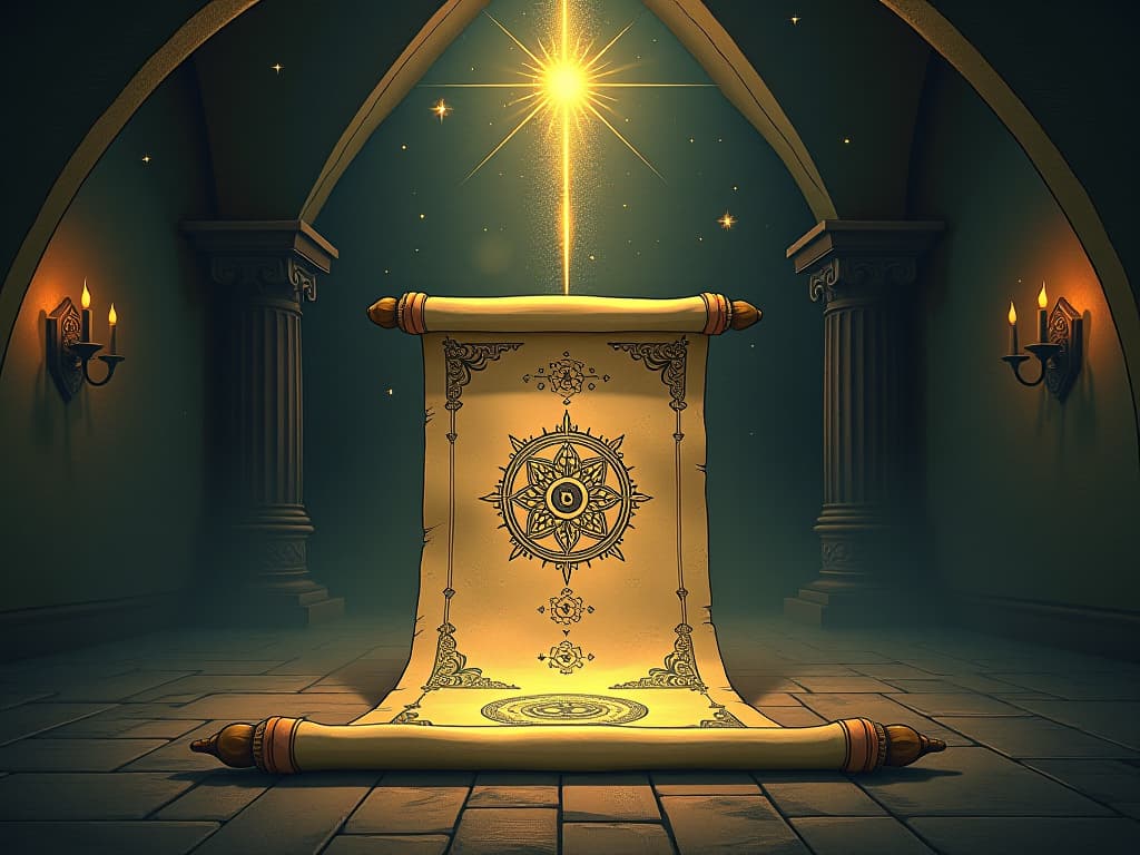  an ancient scroll unfurling in a starlit room, infused with symbols of wisdom and strength, radiant light emanating, sense of destiny. an illustration in the style of a worn, mystical old tarot trump card, mysterious and elements of surrealism. the colors are muted, somber and eerie, but with contrast bring out an occult and esoteric vibe.