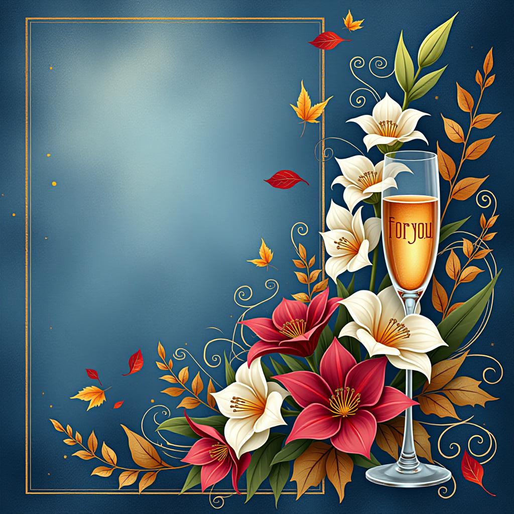  postcard design: bluish blue background with ((decorated with fine fine fractal glitter, bright leaves, ink sketch lines on blue background, outlines, falling autumn leaves, silver swirls, autumn leaves)) . ((graceful,slim, profile of a woman's face, in the style of autumn art fantasy 1,7)). ((crystal tall glass)) :champagne with ice cubes and chocolate.((birthday greeting card))). (in the centre of the card is a bouquet of white gladioluses with the inscription (("for you"))).((bouquet of burgundy gladioluses surrounded by multicoloured foliage 1,2)) (colour of the bouquet): burgundy red with an orange border. (foliage colour) :golden, silvery white, burgundy, green, golden green, (style):fantasy, design art, greeting cards. (style):fantas