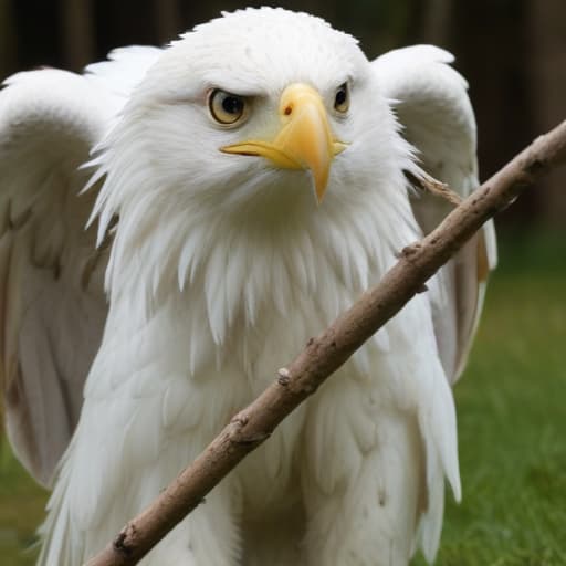 a white eagle carrying a stick with the word "subscribe" written on it