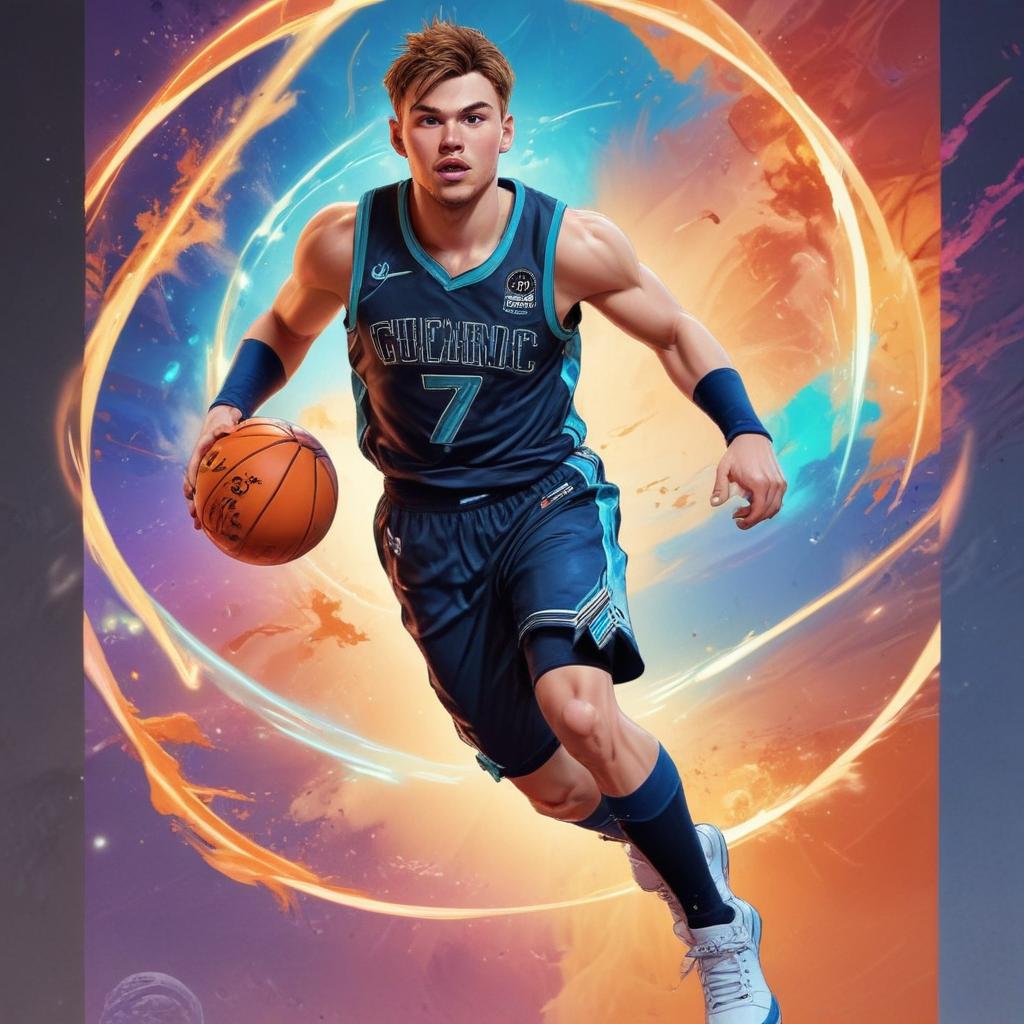 distance-shot, flashy, full-body, dynamic, holographic, animated cartoon poster of luka doncic in the style of dragon ball super