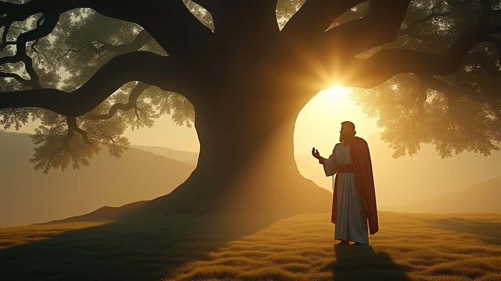  history of biblical times, the angel of the lord appearing to gideon under the great oak tree in ofra, with a divine light illuminating the moment, while gideon looks bewildered and confused. hyperrealistic, full body, detailed clothing, highly detailed, cinematic lighting, stunningly beautiful, intricate, sharp focus, f/1. 8, 85mm, (centered image composition), (professionally color graded), ((bright soft diffused light)), volumetric fog, trending on instagram, trending on tumblr, HDR 4K, 8K