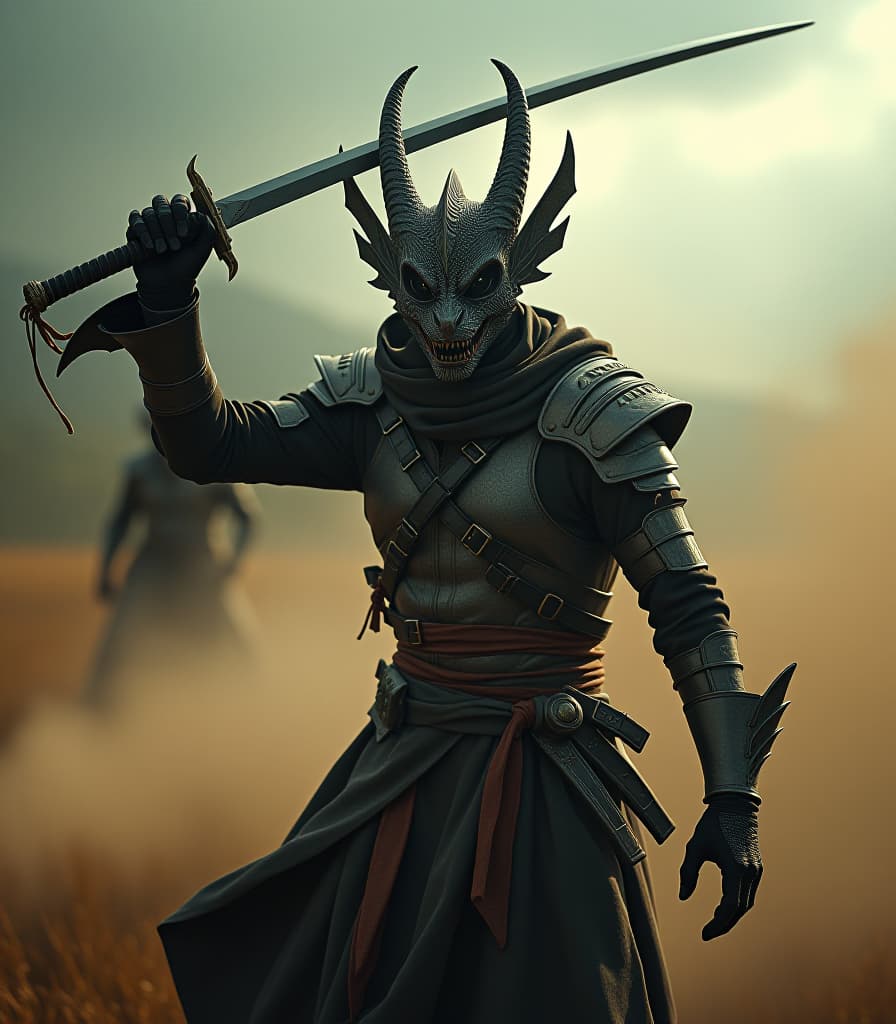  a psychic story, a mad dragonoid, dressed in latches, two hands with one masked sword, swinging over his head, a battlefield hyperrealistic, full body, detailed clothing, highly detailed, cinematic lighting, stunningly beautiful, intricate, sharp focus, f/1. 8, 85mm, (centered image composition), (professionally color graded), ((bright soft diffused light)), volumetric fog, trending on instagram, trending on tumblr, HDR 4K, 8K