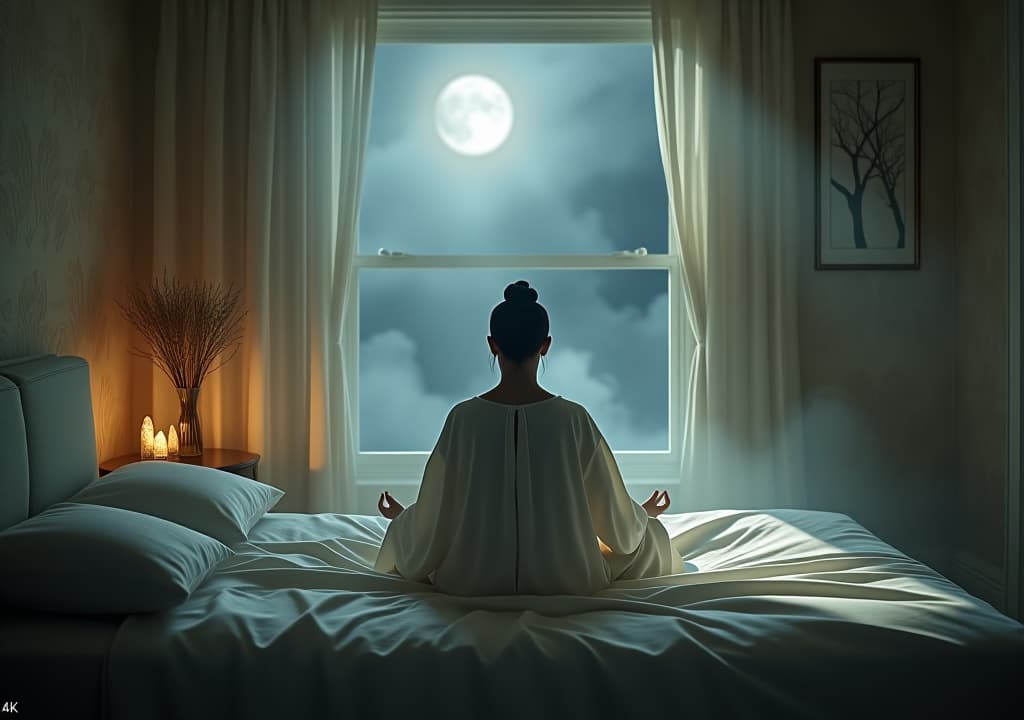  a serene bedroom illuminated by soft moonlight, a figure meditating under silk sheets, ethereal mist swirling around, delicate crystals scattered on a nightstand, and shadows of trees dancing on the walls. hyperrealistic, full body, detailed clothing, highly detailed, cinematic lighting, stunningly beautiful, intricate, sharp focus, f/1. 8, 85mm, (centered image composition), (professionally color graded), ((bright soft diffused light)), volumetric fog, trending on instagram, trending on tumblr, HDR 4K, 8K