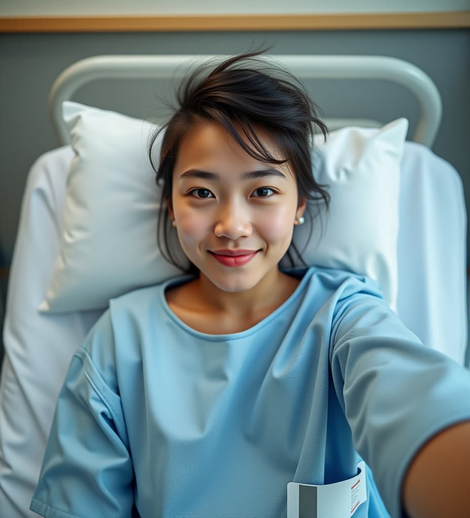  selfie photo, closeup, young asian american wearing a hospital gown sitting up in hospital bed