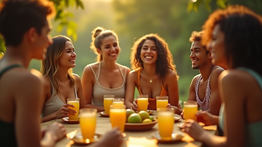  scenes about health and fitness, a group of friends enjoying a guava tea party in an outdoor setting, promoting community and shared health benefits. hyperrealistic, full body, detailed clothing, highly detailed, cinematic lighting, stunningly beautiful, intricate, sharp focus, f/1. 8, 85mm, (centered image composition), (professionally color graded), ((bright soft diffused light)), volumetric fog, trending on instagram, trending on tumblr, HDR 4K, 8K