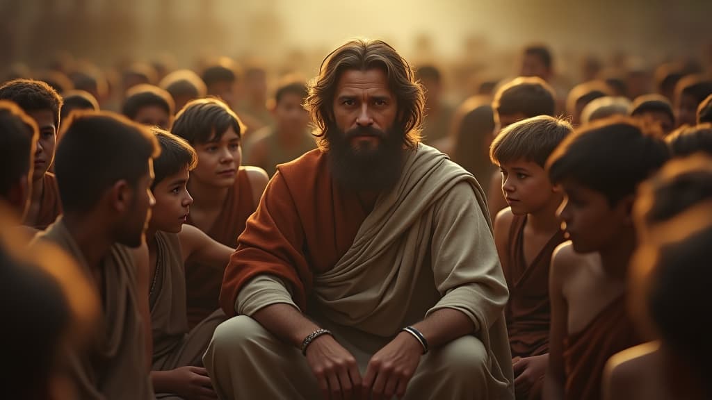  history of biblical times, gideon sitting with his many sons, a peaceful yet overwhelmed expression on his face. hyperrealistic, full body, detailed clothing, highly detailed, cinematic lighting, stunningly beautiful, intricate, sharp focus, f/1. 8, 85mm, (centered image composition), (professionally color graded), ((bright soft diffused light)), volumetric fog, trending on instagram, trending on tumblr, HDR 4K, 8K