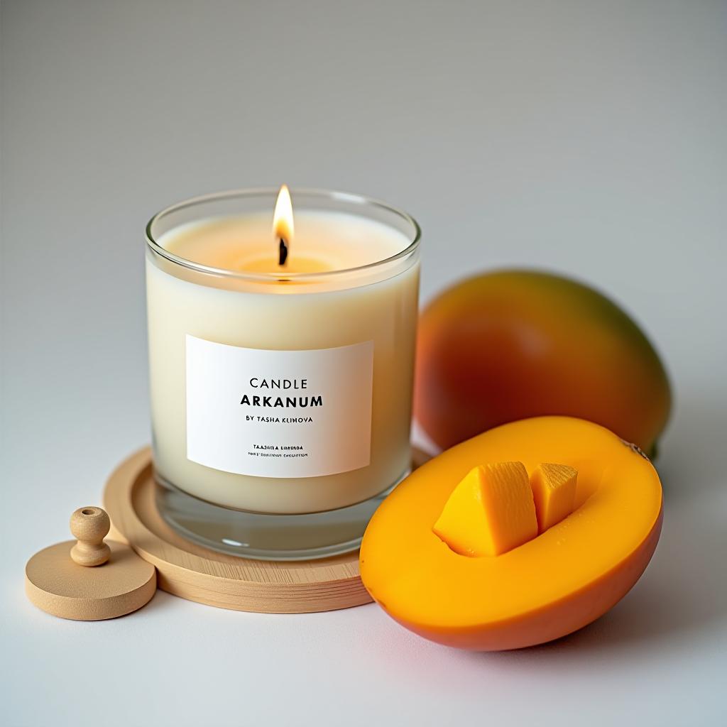  you are a professional photographer. take a photo of a candle in a glass candlestick with a wooden wick and a white label that says: candle arkanum by tasha klimova. the candle is placed on a white background, next to it is a wooden lid, and nearby there is a ripe, juicy mango cut in half, set up for a still life shot.