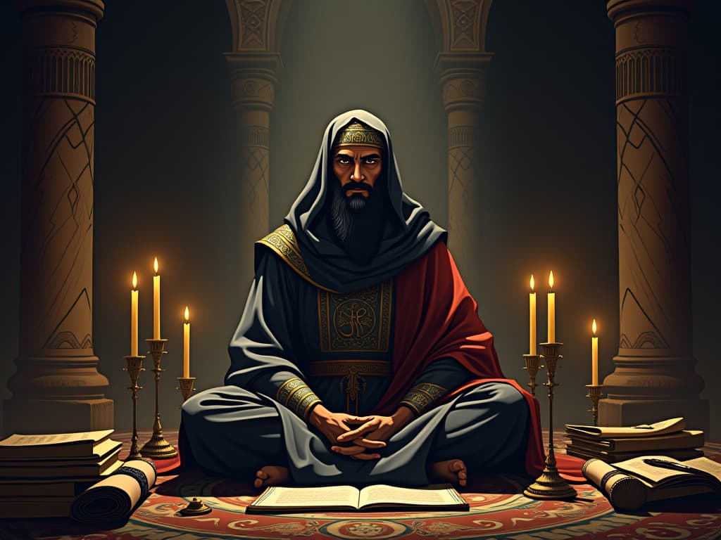  rumi, seated in a dimly lit room, surrounded by scrolls and candles, his face contemplative, aura of solitude and introspection, the environment fostering creativity. the style is digital art illustration / modern comic book / mysterious occult, symbolic, esoteric vibe,high detail on character design, incorporating ancient egyptian symbology and attire.