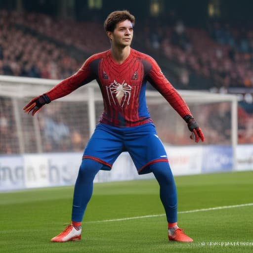 A soccor player in arena wearing spiderman outfit