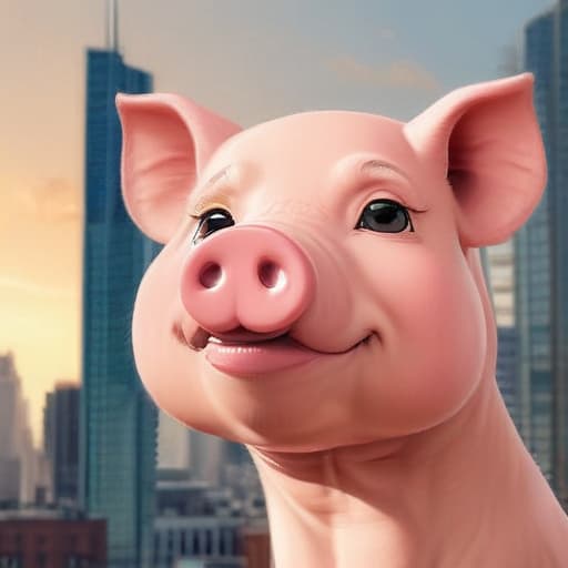 A men’s fist next to the snout of a pig in Cartoon style with City background